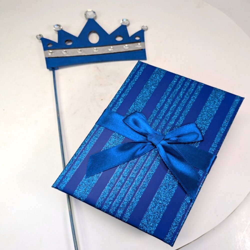 Blue Wood Rhinestone Crown Cake Topper & Glitter Striped Gift Box w Satin Bow